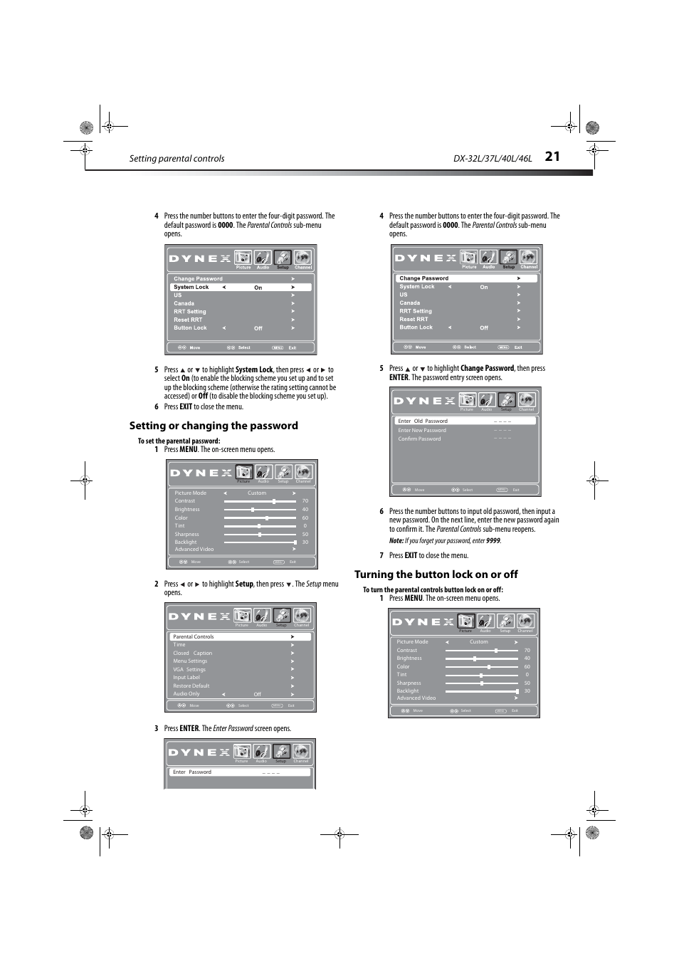 Setting or changing the password, Turning the button lock on or off, Setting parental controls | 7 press exit to close the menu, 1 press menu . the on-screen menu opens | Dynex DX-32L150A11 User Manual | Page 24 / 38