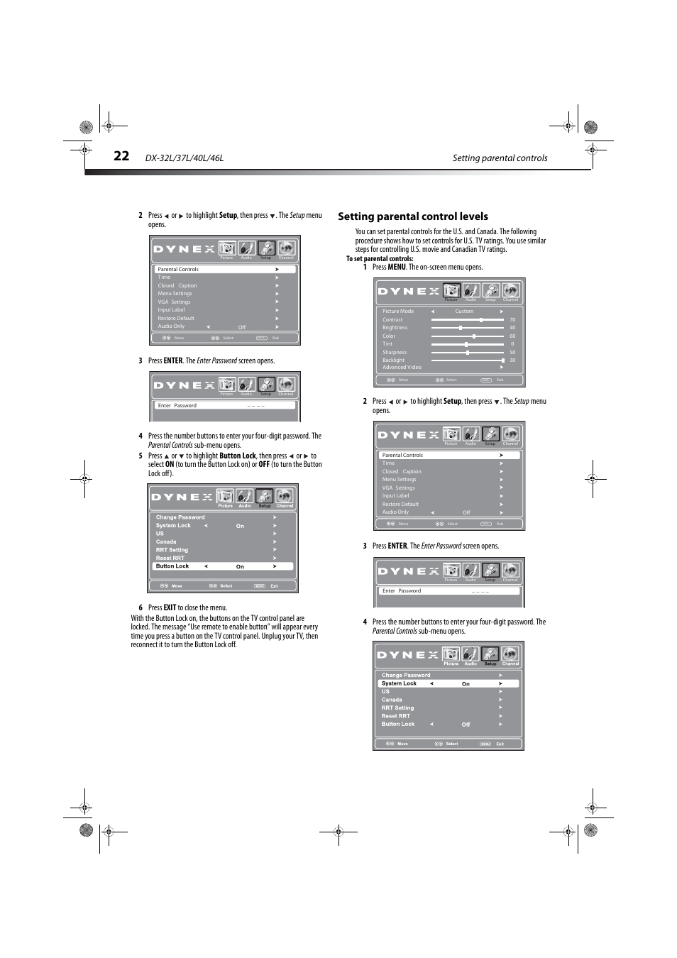 Setting parental control levels | Dynex DX-32L150A11 User Manual | Page 25 / 38