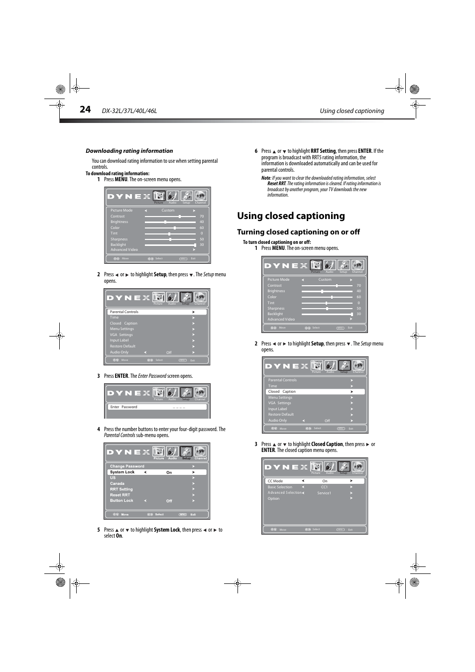 Downloading rating information, Using closed captioning, Turning closed captioning on or off | Dynex DX-32L150A11 User Manual | Page 27 / 38