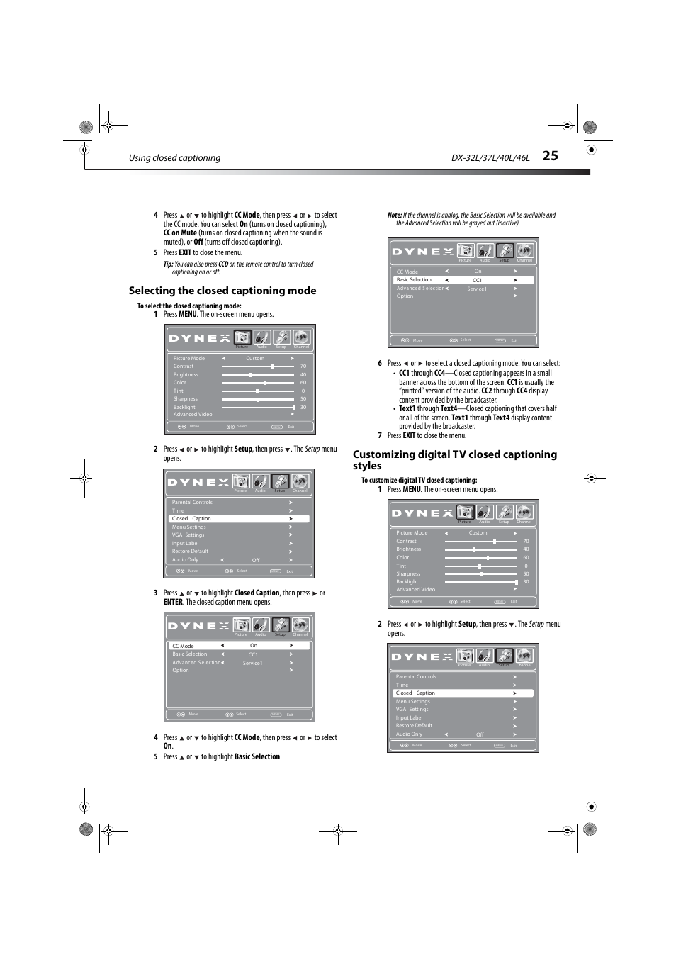 Selecting the closed captioning mode, Customizing digital tv closed captioning styles, Using closed captioning | Dynex DX-32L150A11 User Manual | Page 28 / 38