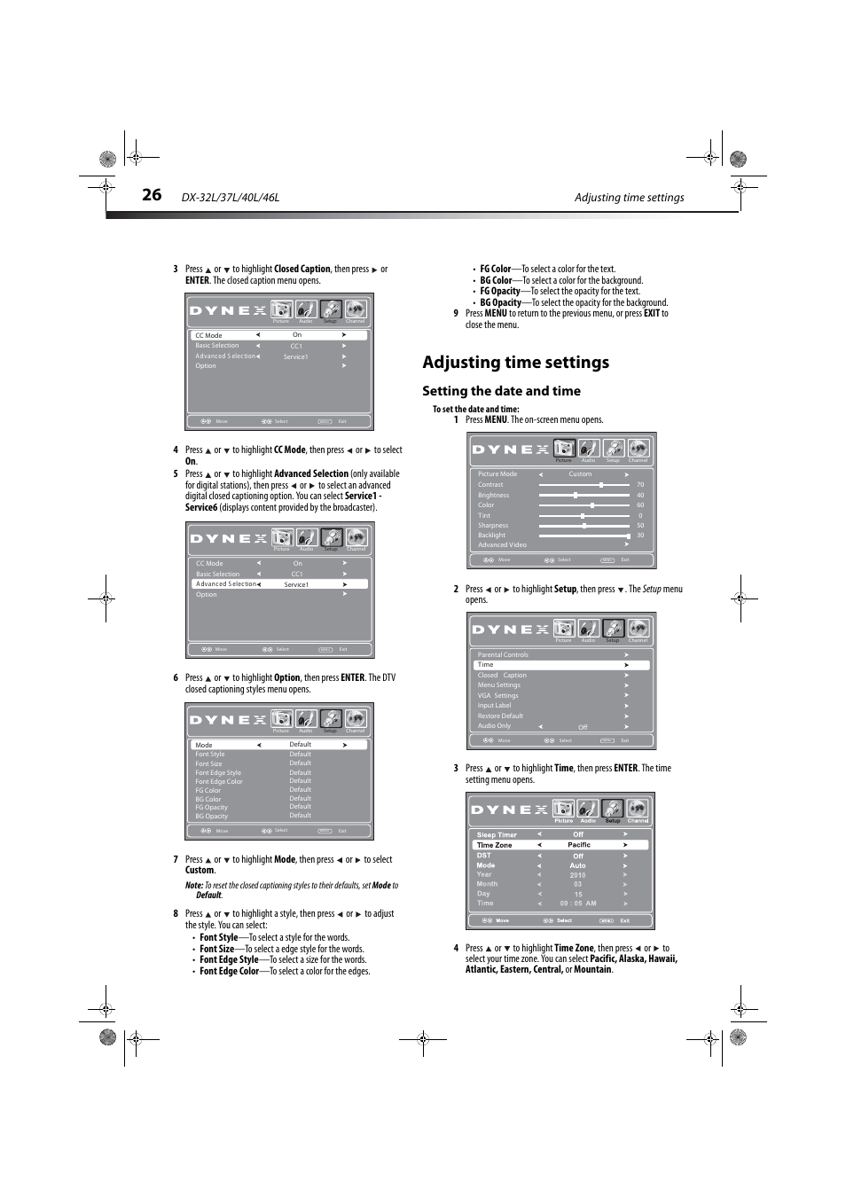 Adjusting time settings, Setting the date and time | Dynex DX-32L150A11 User Manual | Page 29 / 38