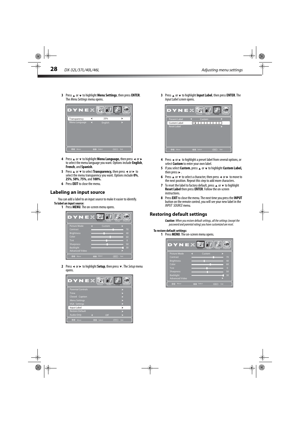 Labeling an input source, Restoring default settings, 1 press menu . the on-screen menu opens | Dynex DX-32L150A11 User Manual | Page 31 / 38