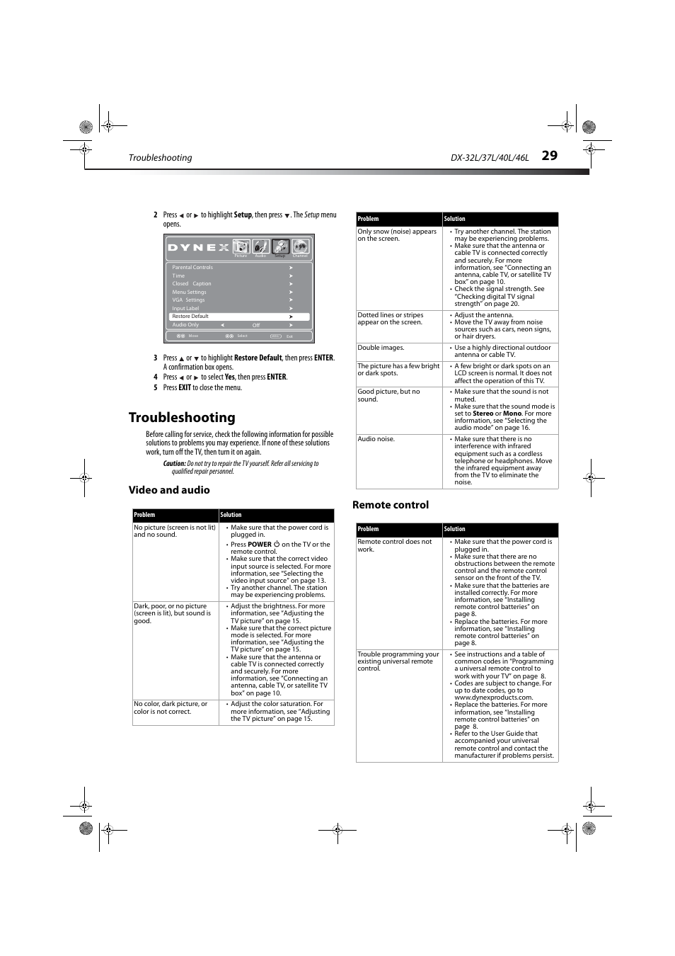 Troubleshooting, Video and audio, Remote control | Video and audio remote control | Dynex DX-32L150A11 User Manual | Page 32 / 38