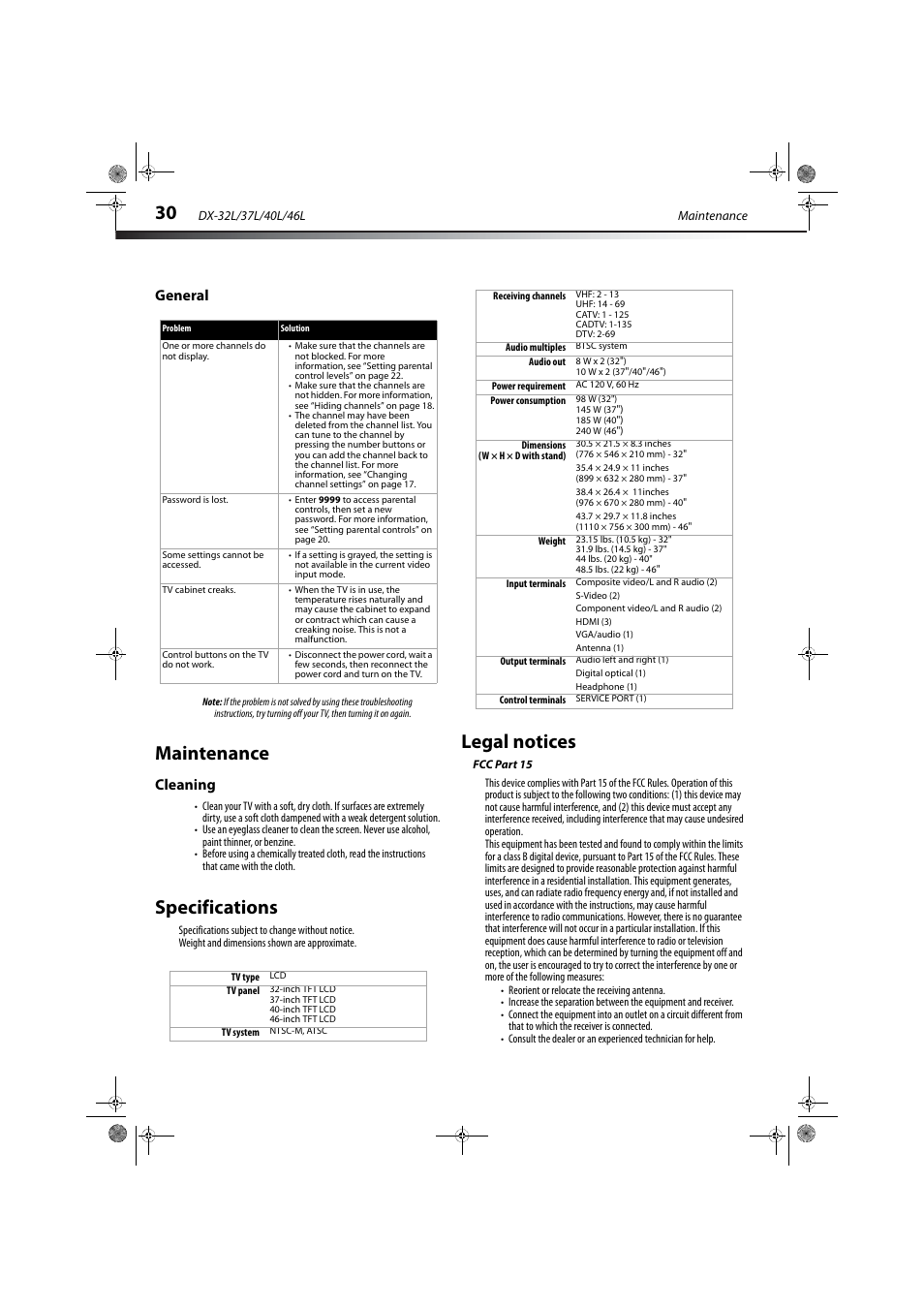 General, Maintenance, Cleaning | Specifications, Legal notices, Fcc part 15 | Dynex DX-32L150A11 User Manual | Page 33 / 38