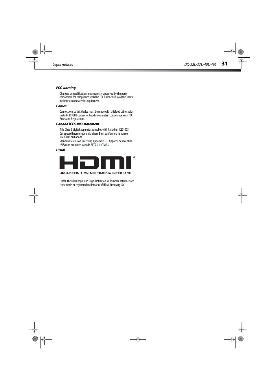 Fcc warning, Cables, Canada ices-003 statement | Hdmi | Dynex DX-32L150A11 User Manual | Page 34 / 38