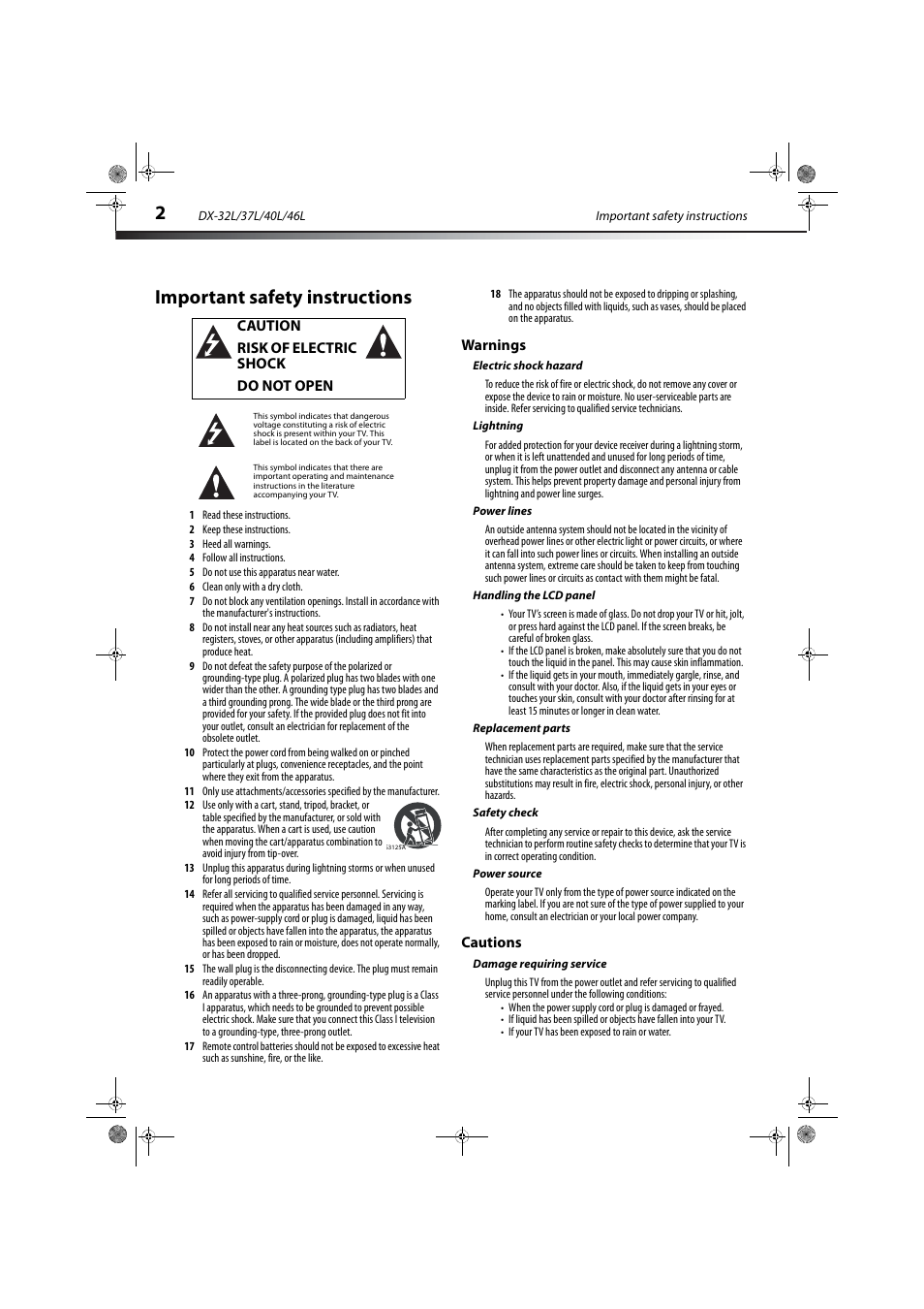 Important safety instructions, Warnings, Electric shock hazard | Lightning, Power lines, Handling the lcd panel, Replacement parts, Safety check, Power source, Cautions | Dynex DX-32L150A11 User Manual | Page 5 / 38