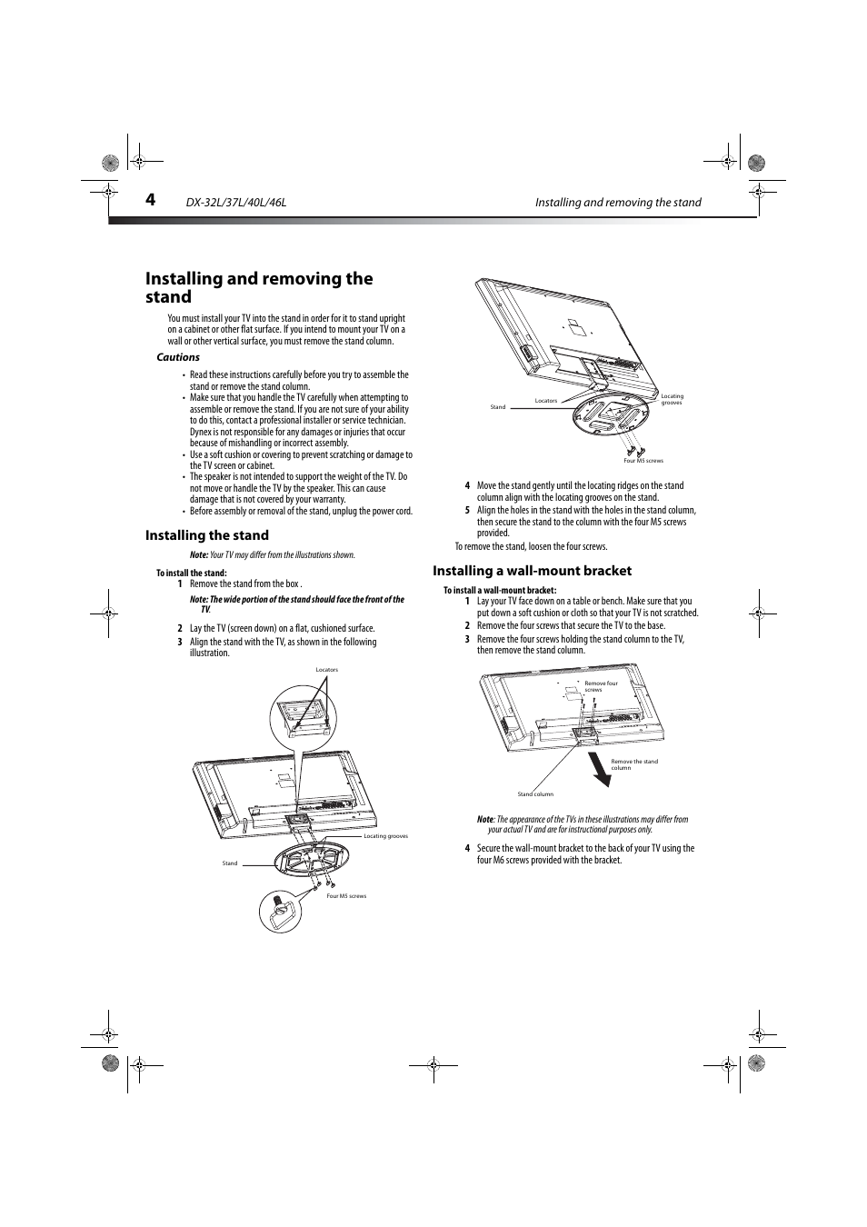 Installing and removing the stand, Cautions, Installing the stand | Installing a wall-mount bracket | Dynex DX-32L150A11 User Manual | Page 7 / 38