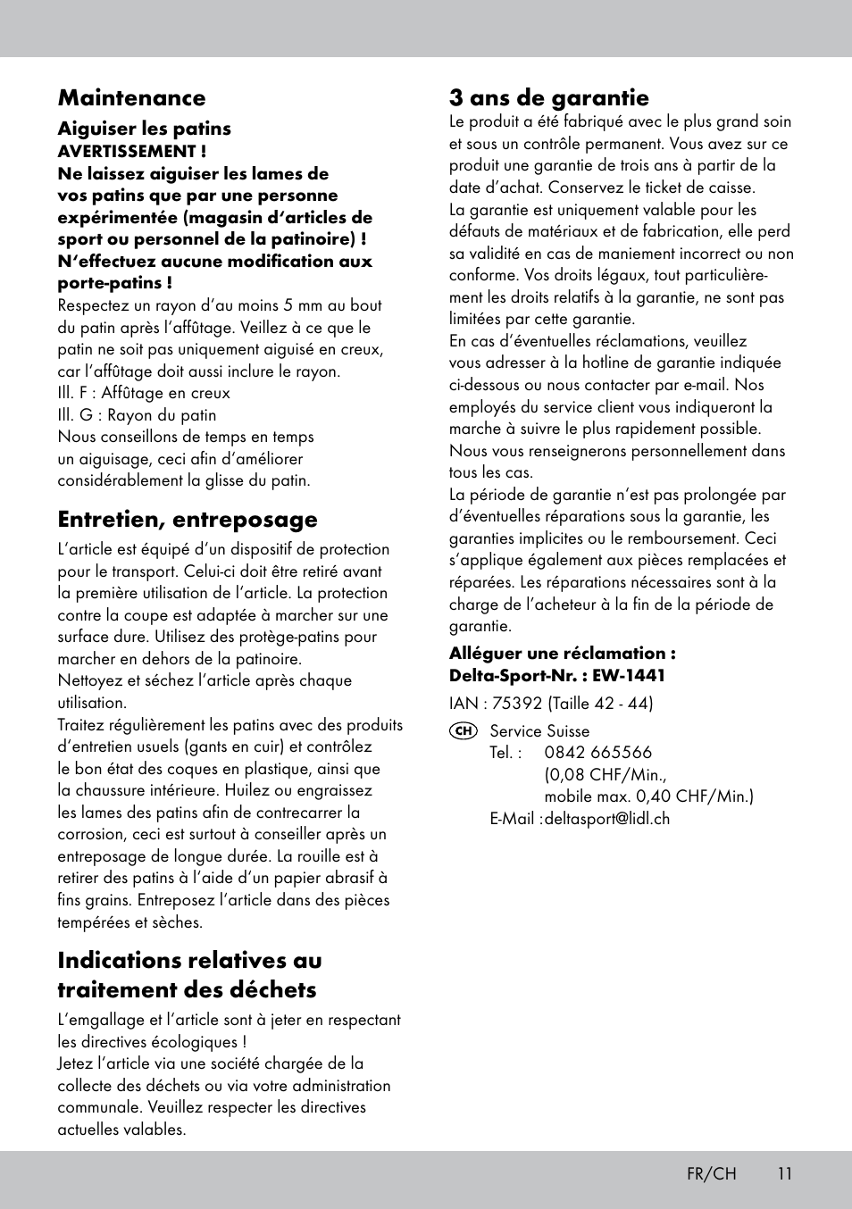 3 ans de garantie, Maintenance, Entretien, entreposage | Indications relatives au traitement des déchets | Crivit EW-1441 User Manual | Page 11 / 24