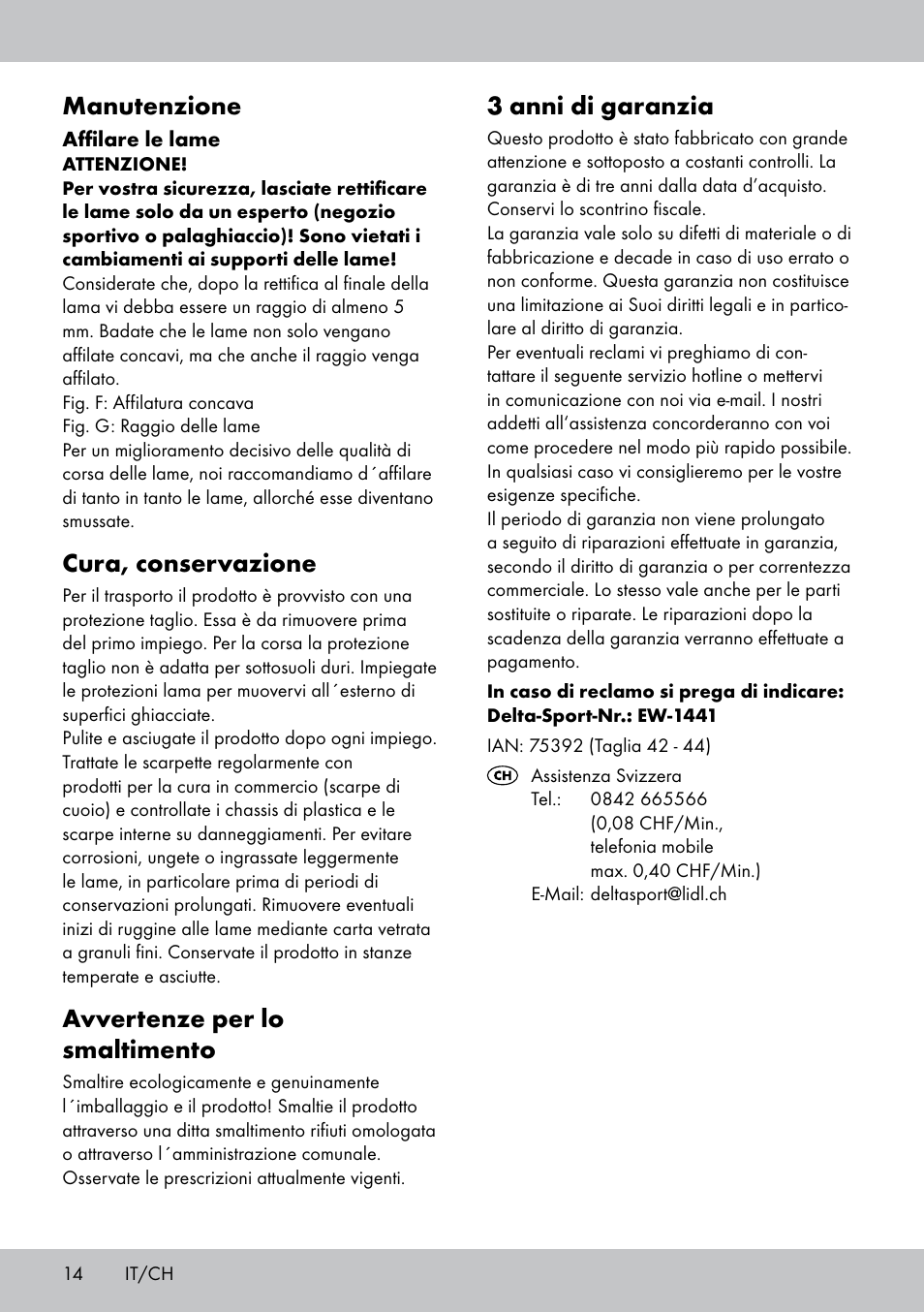 3 anni di garanzia, Manutenzione, Cura, conservazione | Avvertenze per lo smaltimento | Crivit EW-1441 User Manual | Page 14 / 24