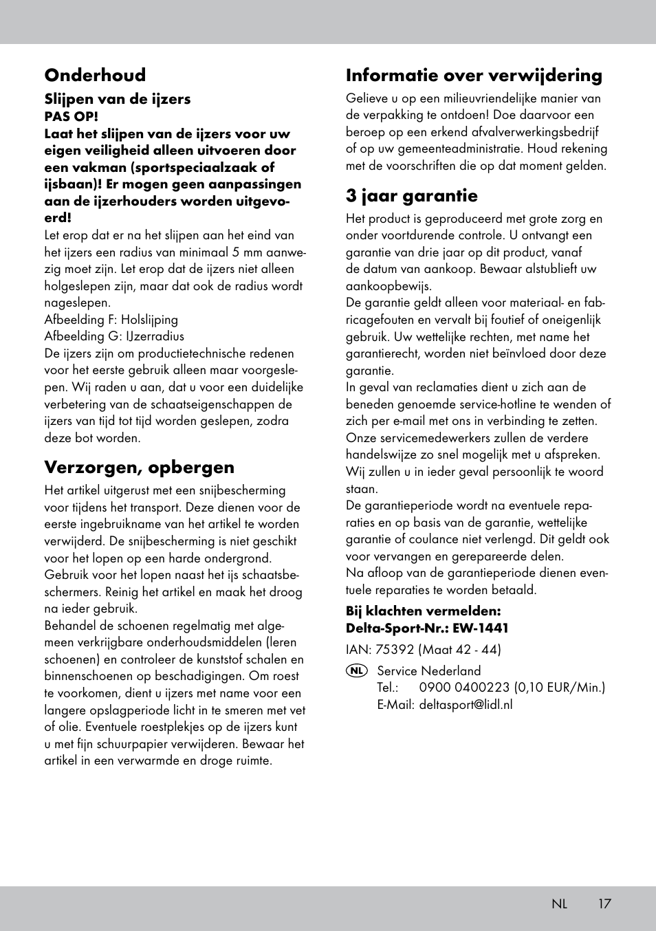 Informatie over verwijdering, 3 jaar garantie, Onderhoud | Verzorgen, opbergen | Crivit EW-1441 User Manual | Page 17 / 24