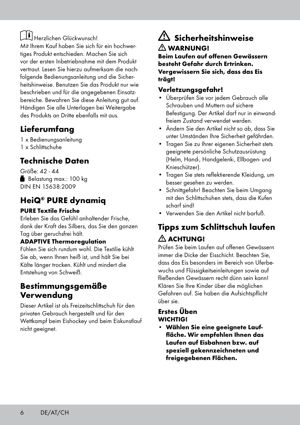 Lieferumfang, Technische daten, Heiq | Pure dynamiq, Bestimmungsgemäße verwendung, Sicherheitshinweise, Tipps zum schlittschuh laufen | Crivit EW-1441 User Manual | Page 6 / 24