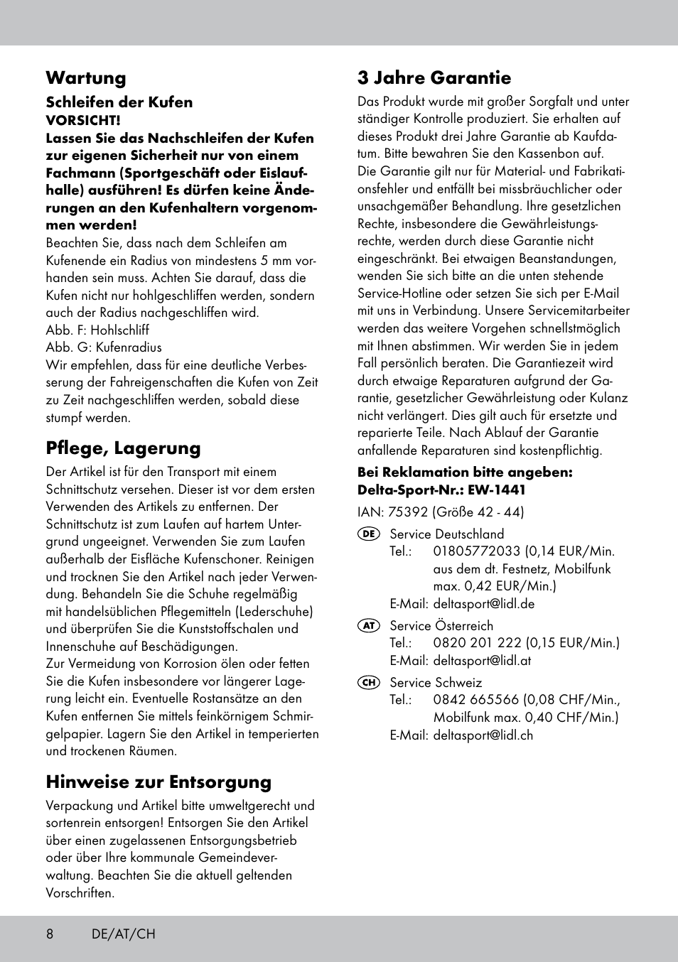 3 jahre garantie, Wartung, Pflege, lagerung | Hinweise zur entsorgung | Crivit EW-1441 User Manual | Page 8 / 24