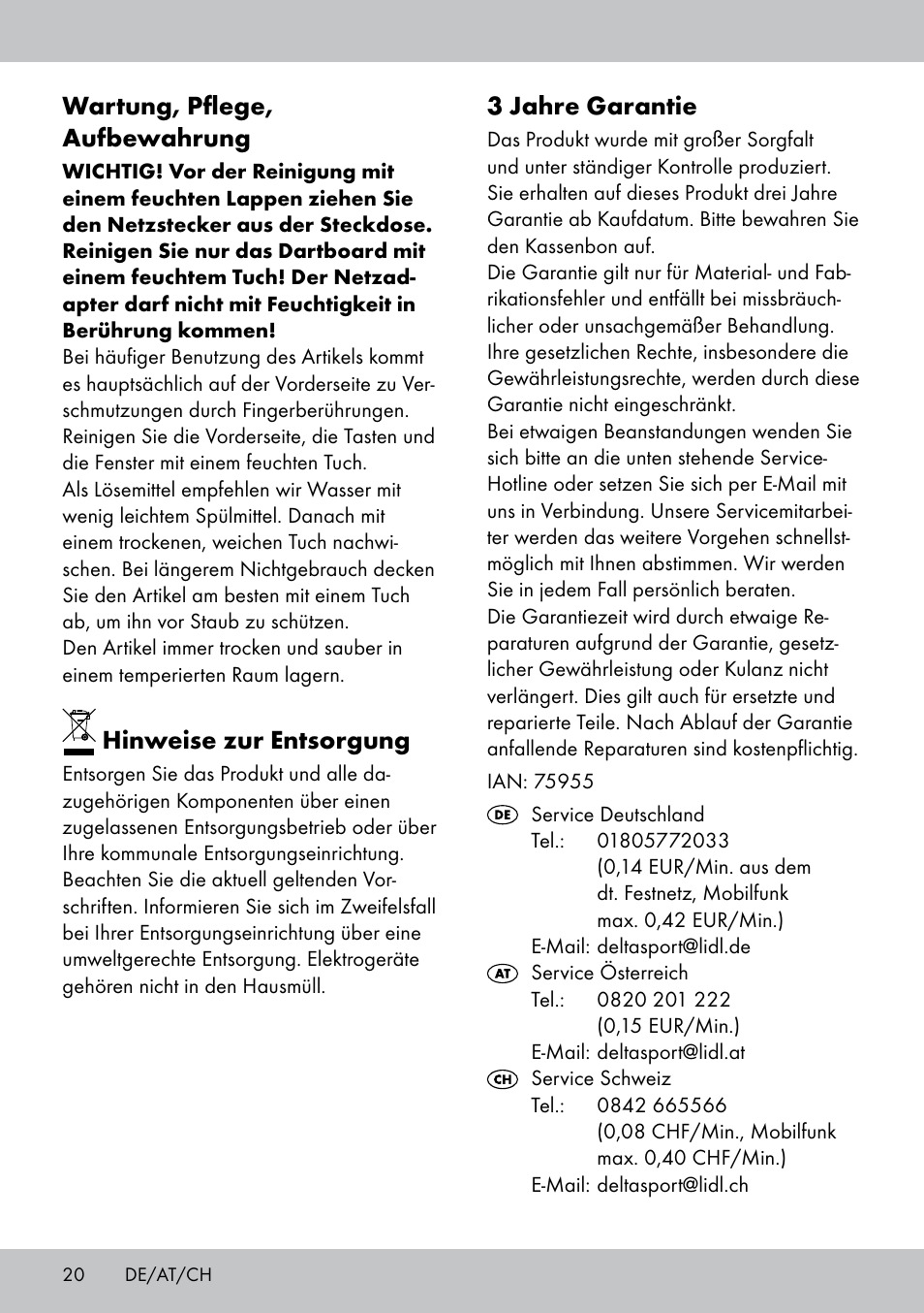 3 jahre garantie, Wartung, pflege, aufbewahrung, Hinweise zur entsorgung | Crivit DS-1532 User Manual | Page 20 / 82