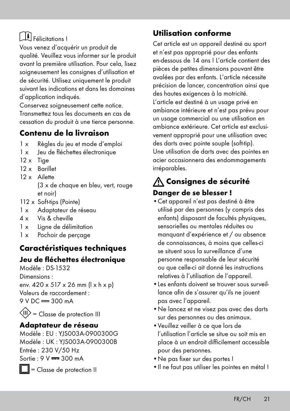 Contenu de la livraison, Caractéristiques techniques, Utilisation conforme | Consignes de sécurité | Crivit DS-1532 User Manual | Page 21 / 82