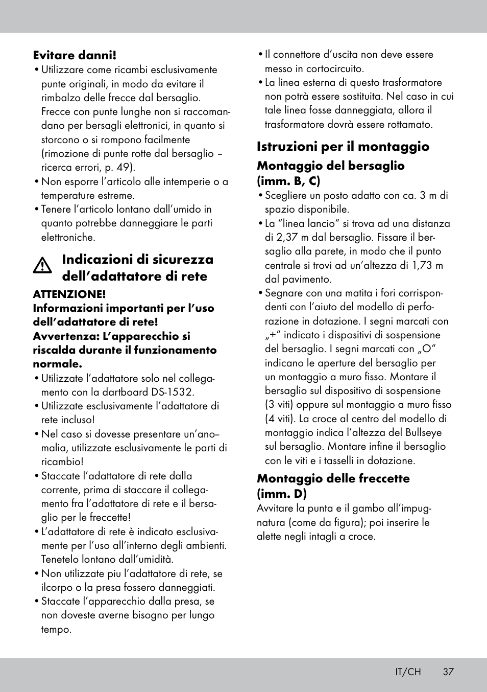 Istruzioni per il montaggio, Indicazioni di sicurezza dell’adattatore di rete | Crivit DS-1532 User Manual | Page 37 / 82