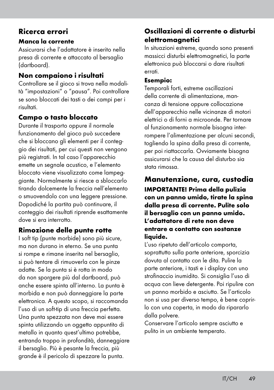 Ricerca errori, Manutenzione, cura, custodia | Crivit DS-1532 User Manual | Page 49 / 82