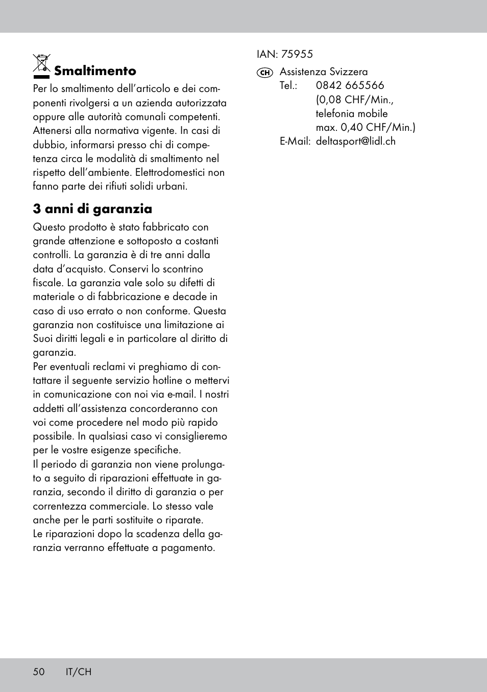 Smaltimento, 3 anni di garanzia | Crivit DS-1532 User Manual | Page 50 / 82