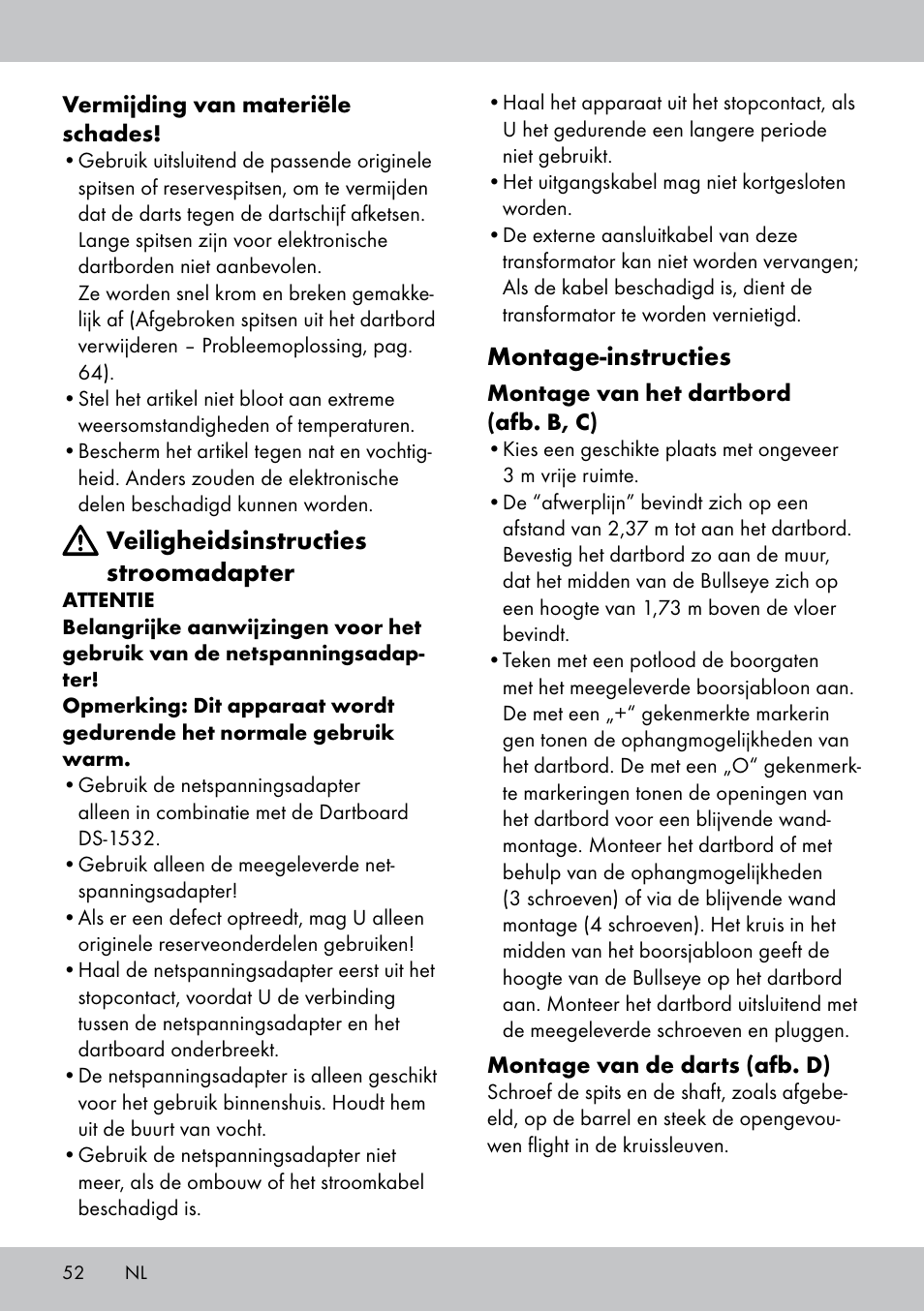 Montage-instructies, Veiligheidsinstructies stroomadapter | Crivit DS-1532 User Manual | Page 52 / 82