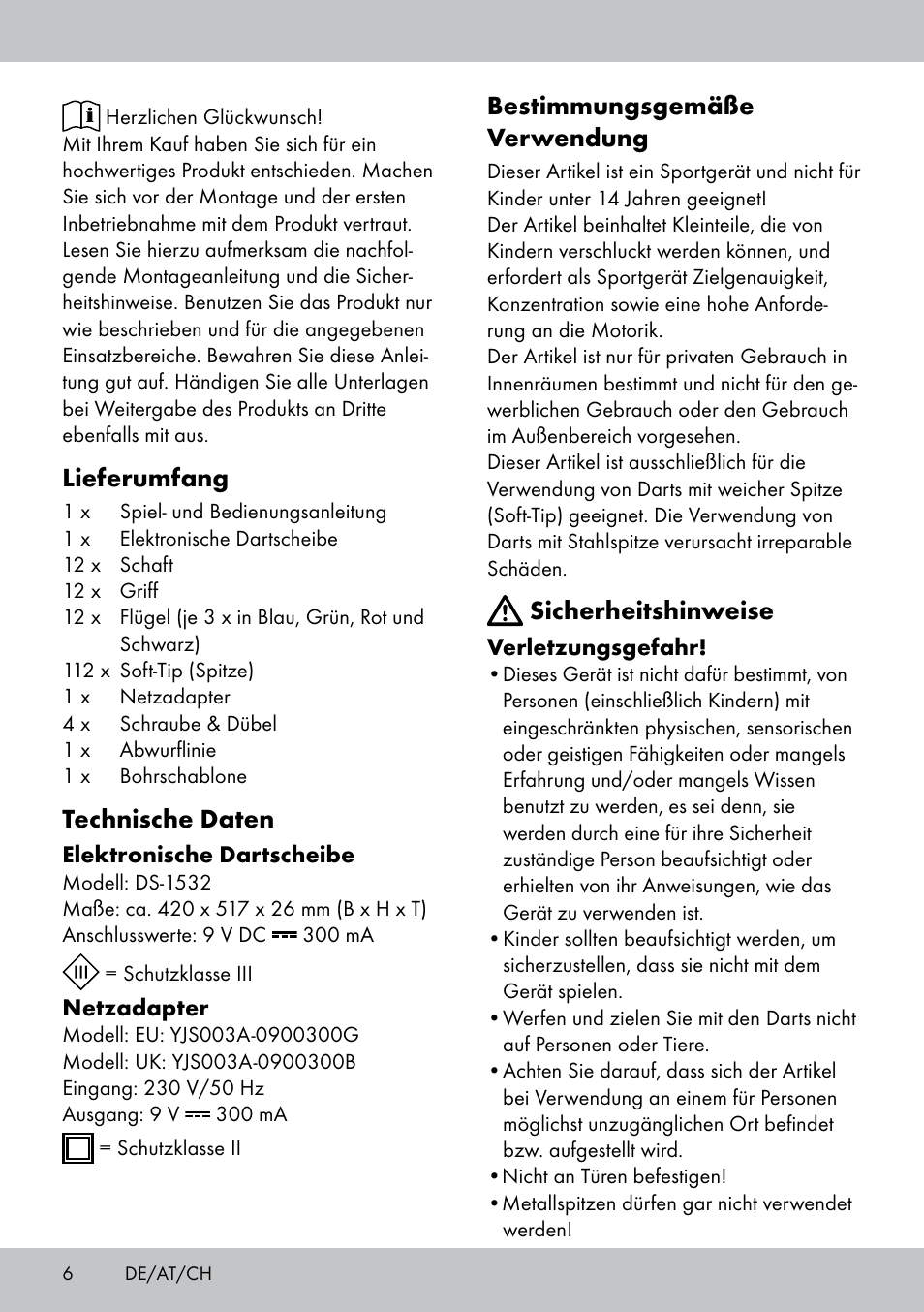 Lieferumfang, Technische daten, Bestimmungsgemäße verwendung | Sicherheitshinweise | Crivit DS-1532 User Manual | Page 6 / 82