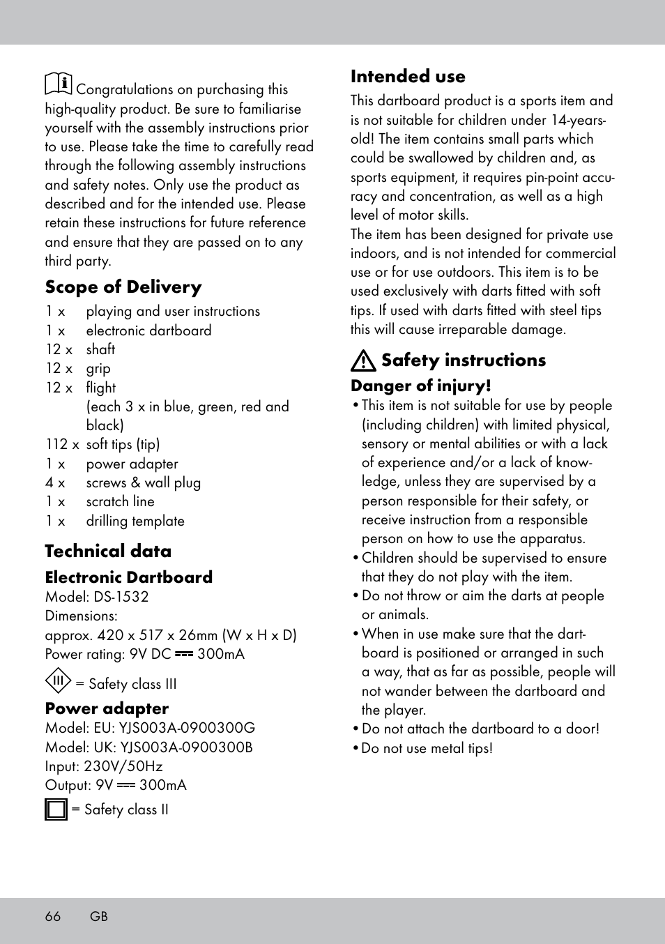 Scope of delivery, Technical data, Intended use | Safety instructions | Crivit DS-1532 User Manual | Page 66 / 82