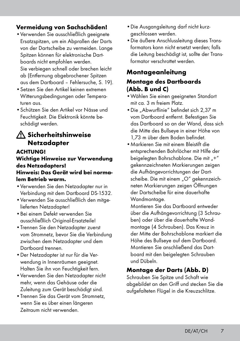 Montageanleitung, Sicherheitshinweise netzadapter | Crivit DS-1532 User Manual | Page 7 / 82