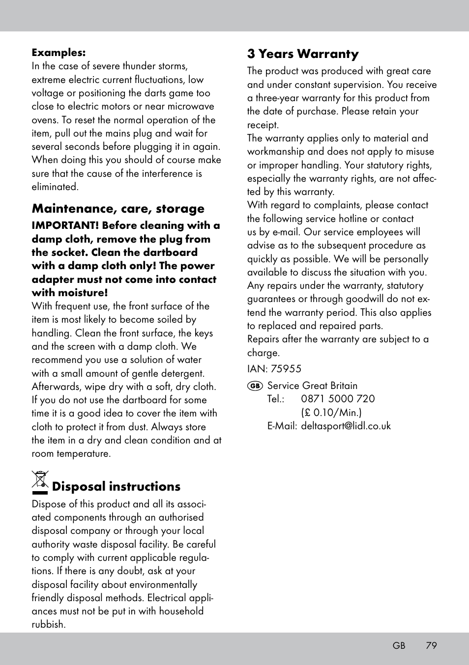 Maintenance, care, storage, Disposal instructions, 3 years warranty | Crivit DS-1532 User Manual | Page 79 / 82