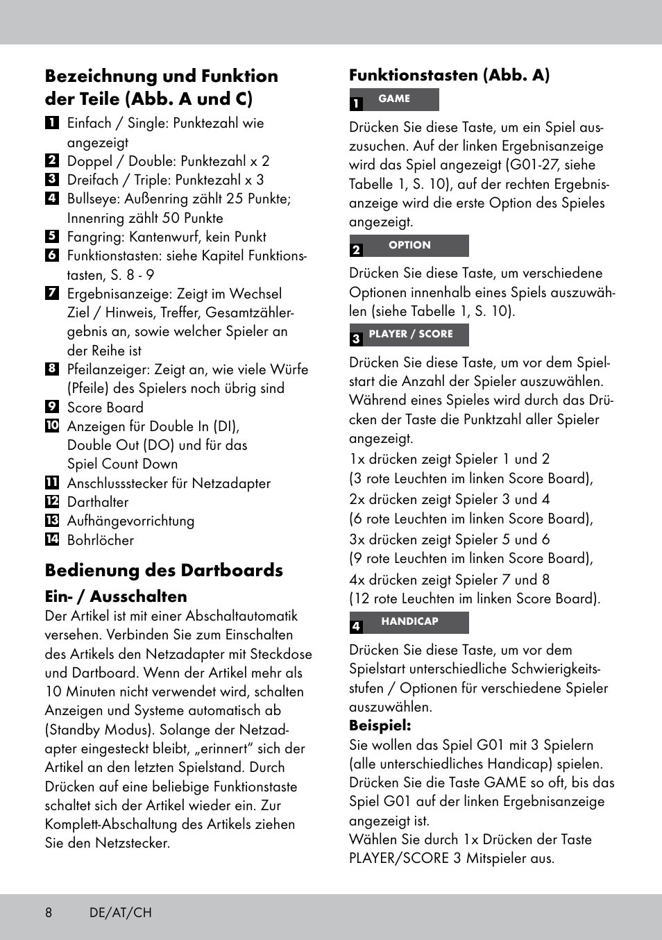 Bezeichnung und funktion der teile (abb. a und c), Bedienung des dartboards, Funktionstasten (abb. a) | Ein- / ausschalten | Crivit DS-1532 User Manual | Page 8 / 82