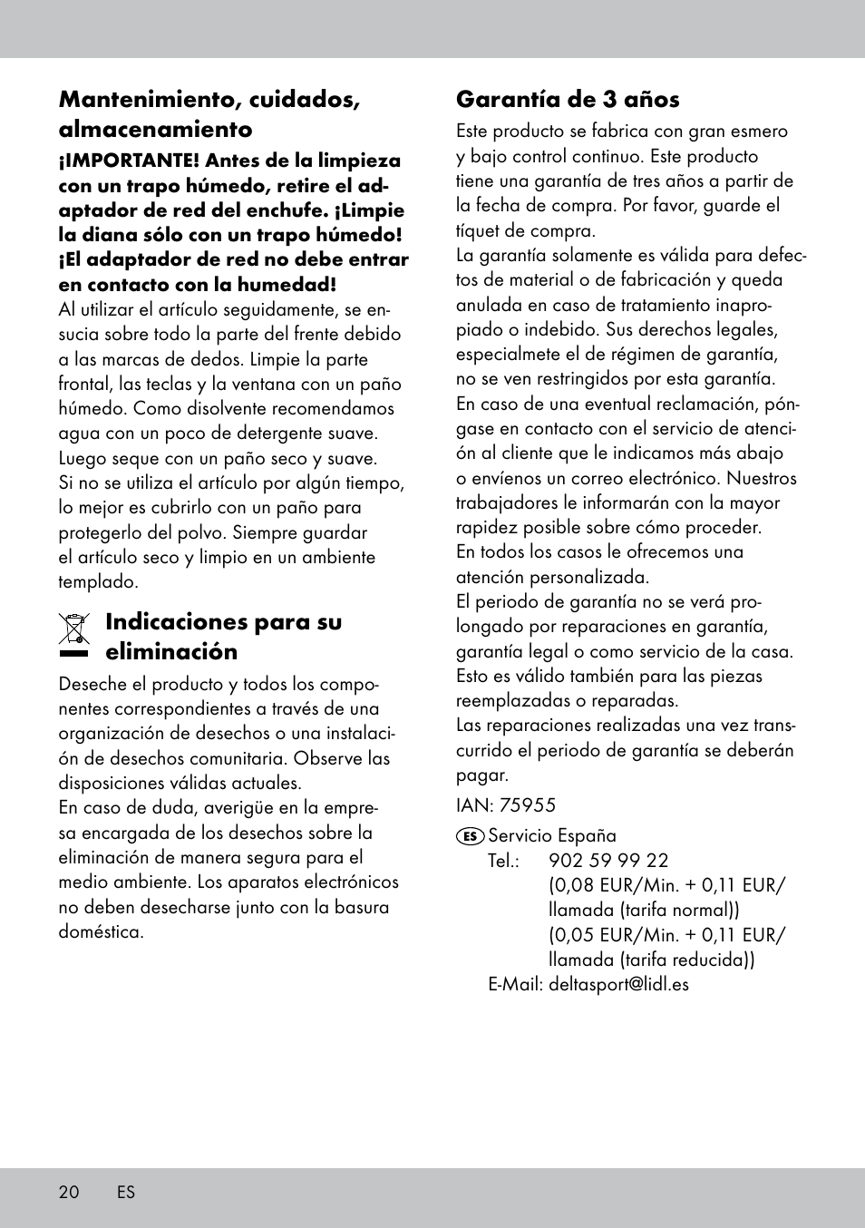 Garantía de 3 años, Mantenimiento, cuidados, almacenamiento, Indicaciones para su eliminación | Crivit DS-1532 User Manual | Page 20 / 82