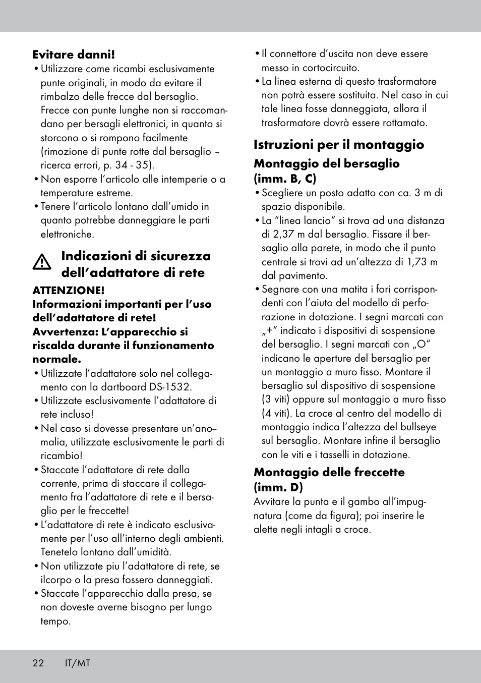 Istruzioni per il montaggio, Indicazioni di sicurezza dell’adattatore di rete | Crivit DS-1532 User Manual | Page 22 / 82