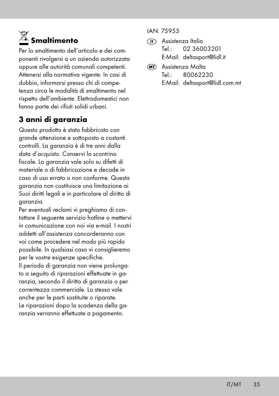 Smaltimento, 3 anni di garanzia | Crivit DS-1532 User Manual | Page 35 / 82