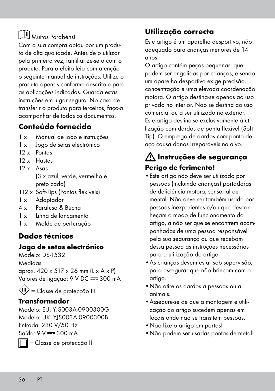 Conteúdo fornecido, Dados técnicos, Utilização correcta | Instruções de segurança | Crivit DS-1532 User Manual | Page 36 / 82