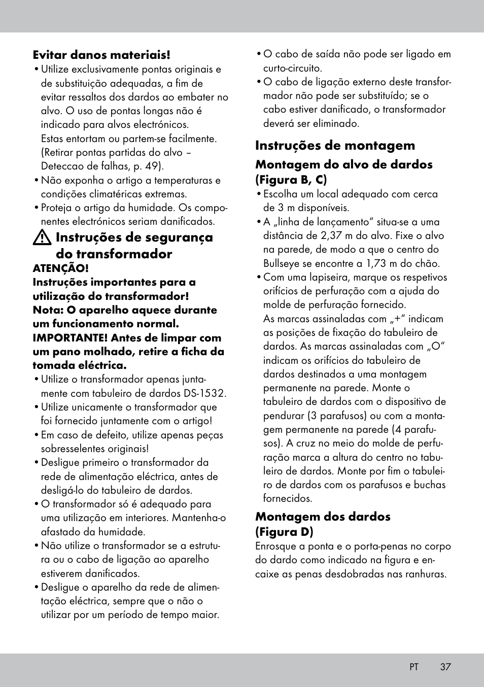 Instruções de montagem, Instruções de segurança do transformador | Crivit DS-1532 User Manual | Page 37 / 82