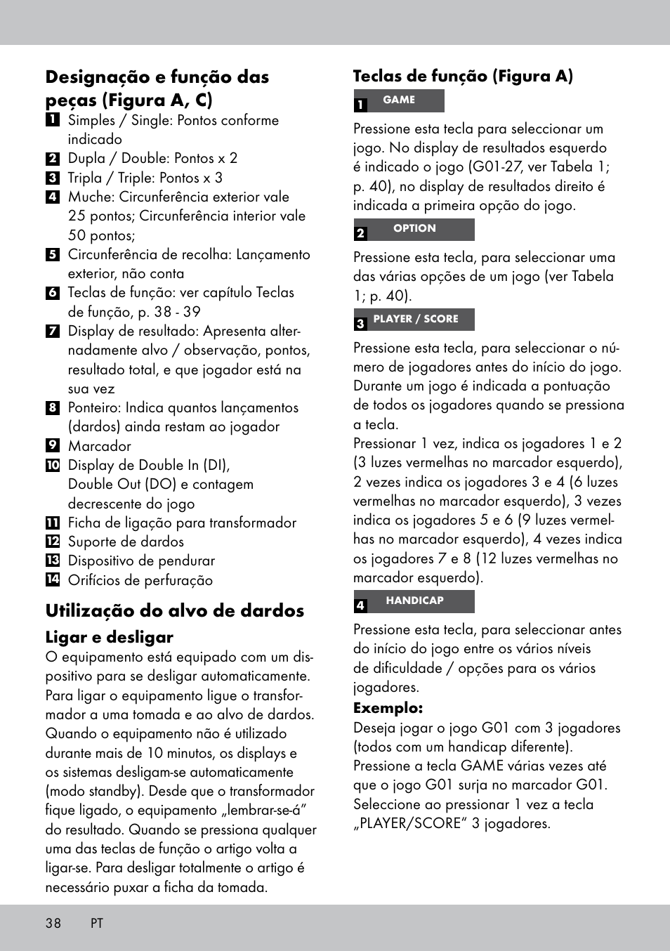 Designação e função das peças (figura a, c), Utilização do alvo de dardos, Teclas de função (figura a) | Ligar e desligar | Crivit DS-1532 User Manual | Page 38 / 82