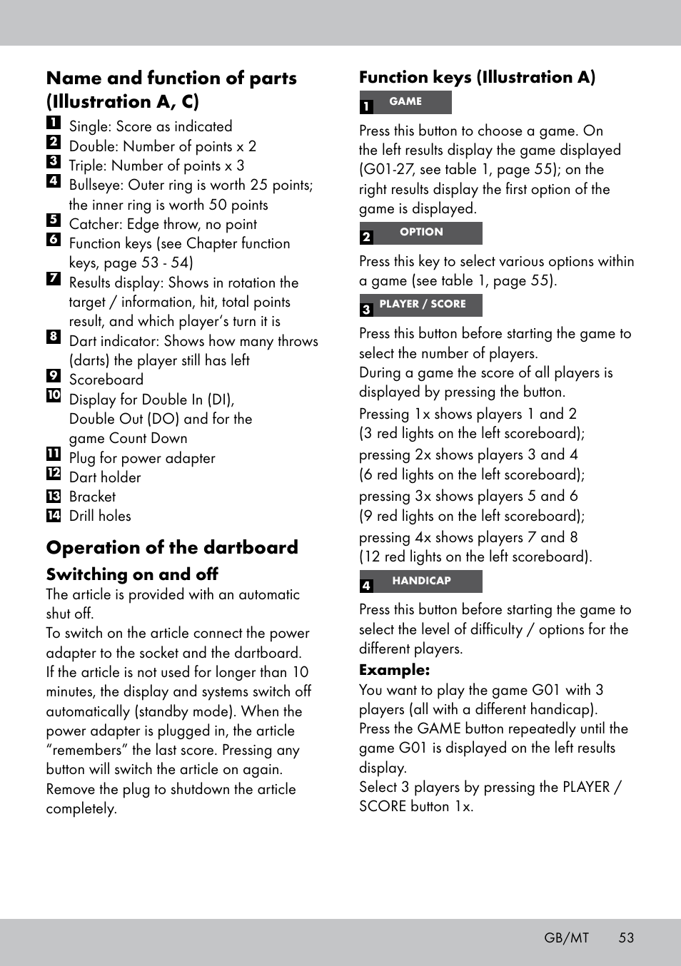 Name and function of parts (illustration a, c), Operation of the dartboard, Function keys (illustration a) | Switching on and off | Crivit DS-1532 User Manual | Page 53 / 82