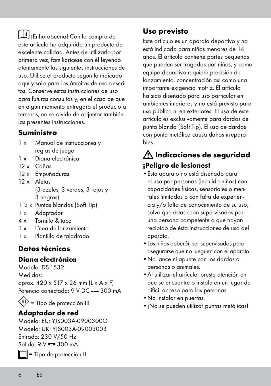 Suministro, Datos técnicos, Uso previsto | Indicaciones de seguridad | Crivit DS-1532 User Manual | Page 6 / 82