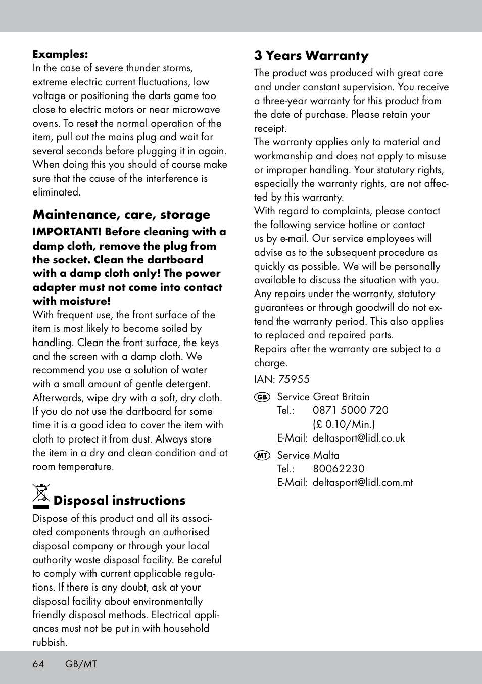 Maintenance, care, storage, Disposal instructions, 3 years warranty | Crivit DS-1532 User Manual | Page 64 / 82