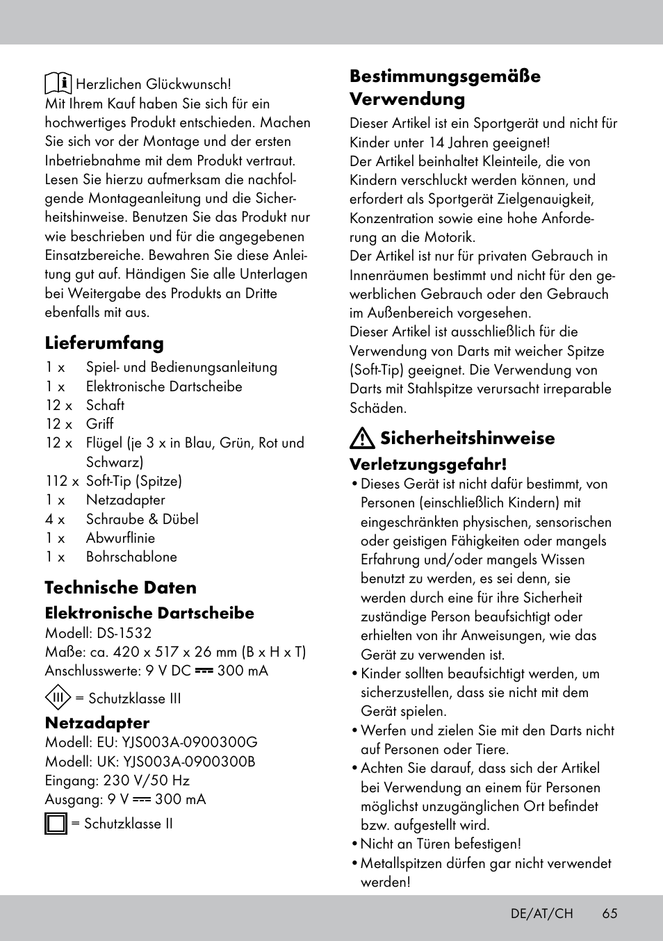 Lieferumfang, Technische daten, Bestimmungsgemäße verwendung | Sicherheitshinweise | Crivit DS-1532 User Manual | Page 65 / 82