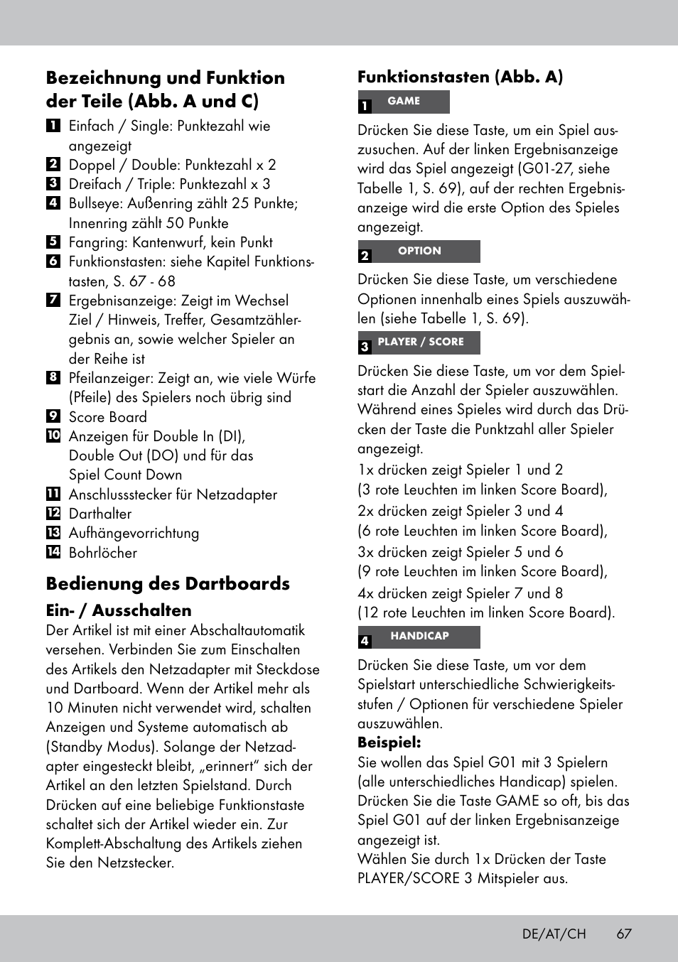 Bezeichnung und funktion der teile (abb. a und c), Bedienung des dartboards, Funktionstasten (abb. a) | Ein- / ausschalten | Crivit DS-1532 User Manual | Page 67 / 82