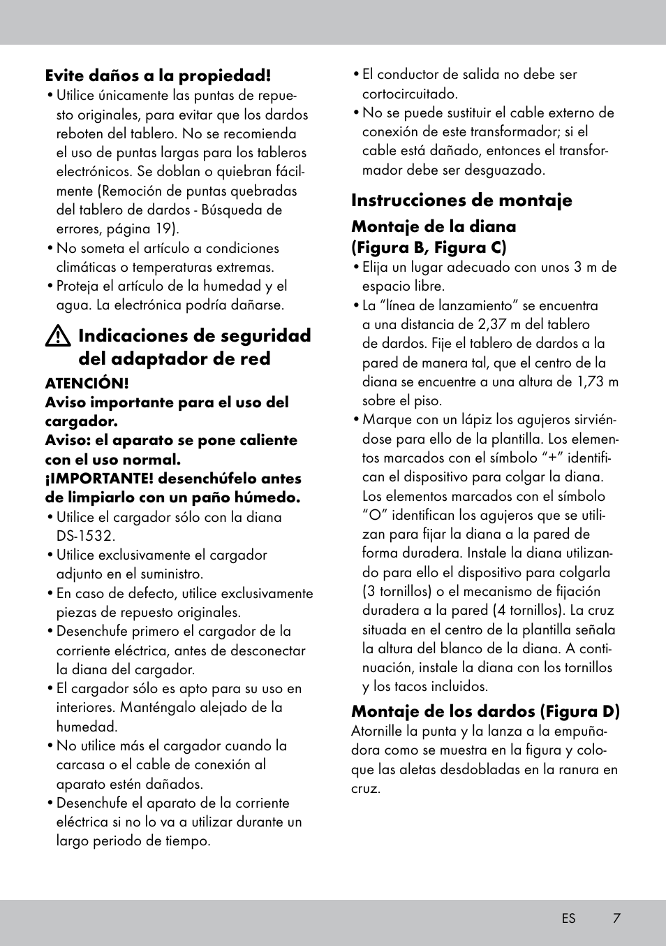 Instrucciones de montaje, Indicaciones de seguridad del adaptador de red | Crivit DS-1532 User Manual | Page 7 / 82