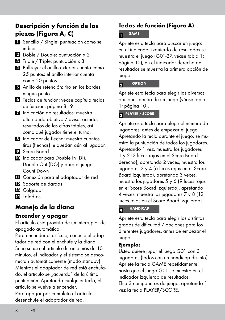 Descripción y función de las piezas (figura a, c), Manejo de la diana, Teclas de función (figura a) | Encender y apagar | Crivit DS-1532 User Manual | Page 8 / 82