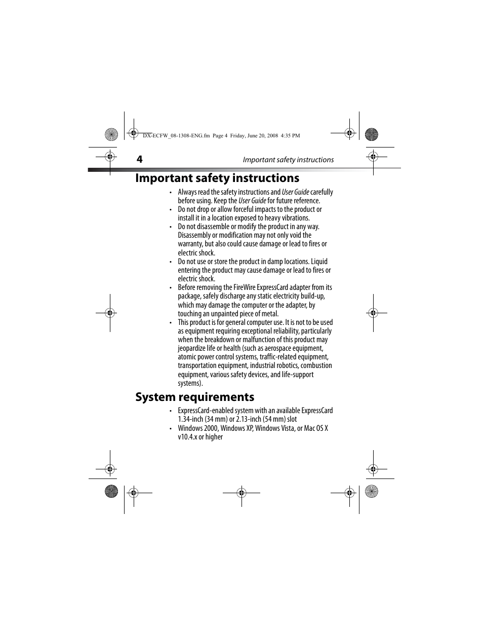 Important safety instructions, System requirements, Important safety instructions system requirements | Dynex DX-ECFW User Manual | Page 4 / 16