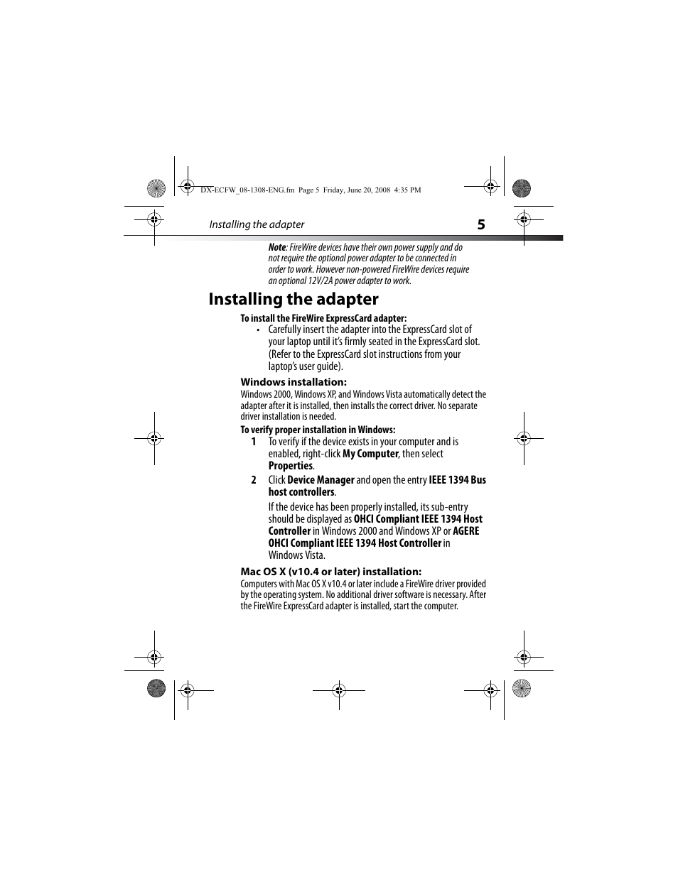 Installing the adapter, To install the firewire expresscard adapter, Windows installation | To verify proper installation in windows, Mac os x (v10.4 or later) installation | Dynex DX-ECFW User Manual | Page 5 / 16