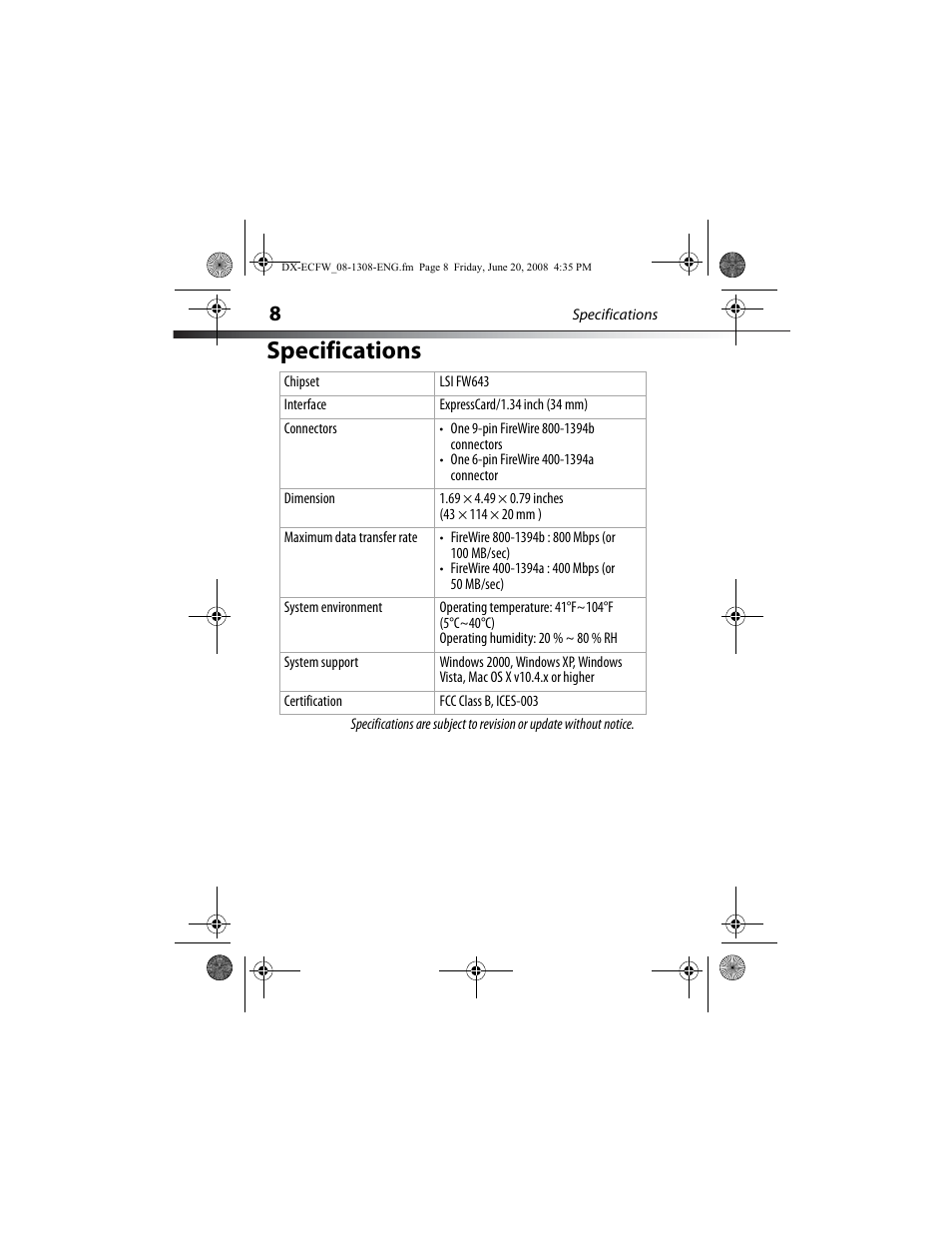 Specifications | Dynex DX-ECFW User Manual | Page 8 / 16