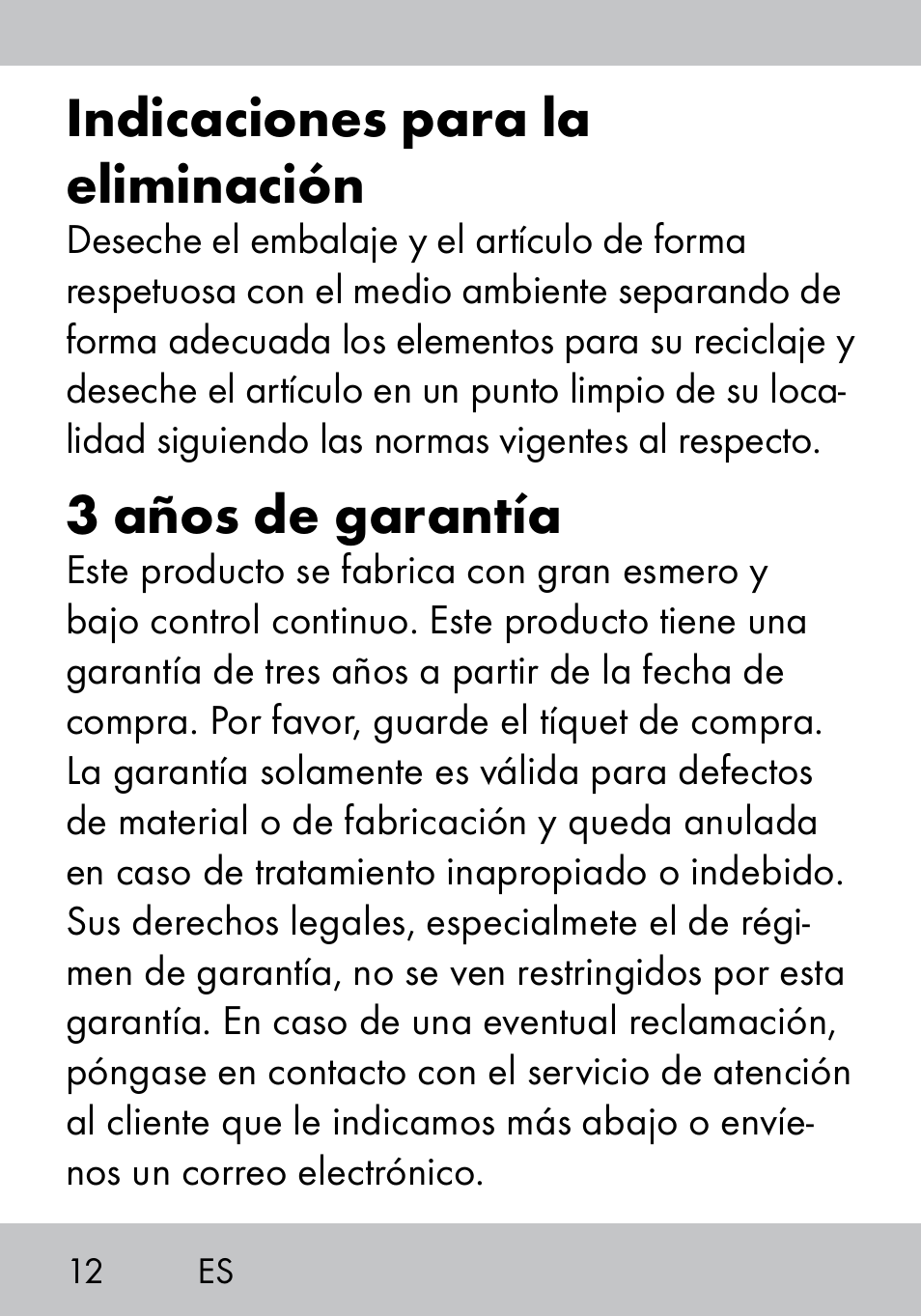 Indicaciones para la eliminación, 3 años de garantía | Crivit MS-1574 User Manual | Page 12 / 48