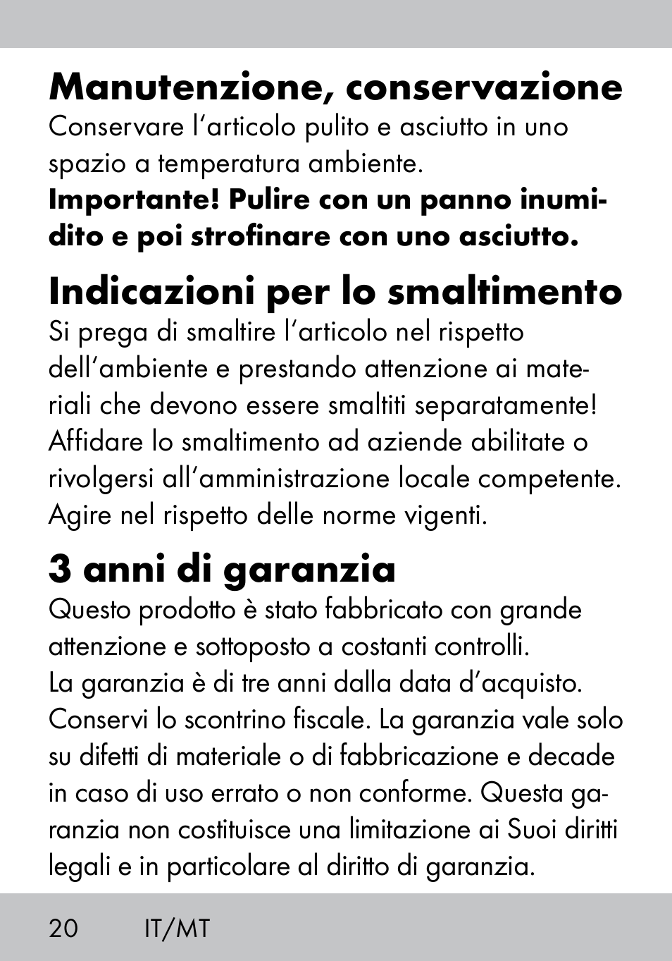 Manutenzione, conservazione, Indicazioni per lo smaltimento, 3 anni di garanzia | Crivit MS-1574 User Manual | Page 20 / 48