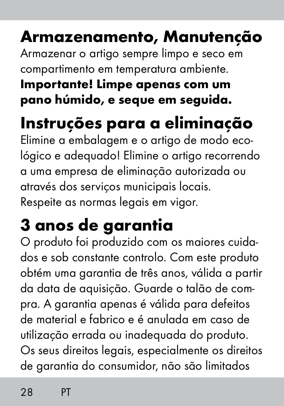 Armazenamento, manutenção, Instruções para a eliminação, 3 anos de garantia | Crivit MS-1574 User Manual | Page 28 / 48