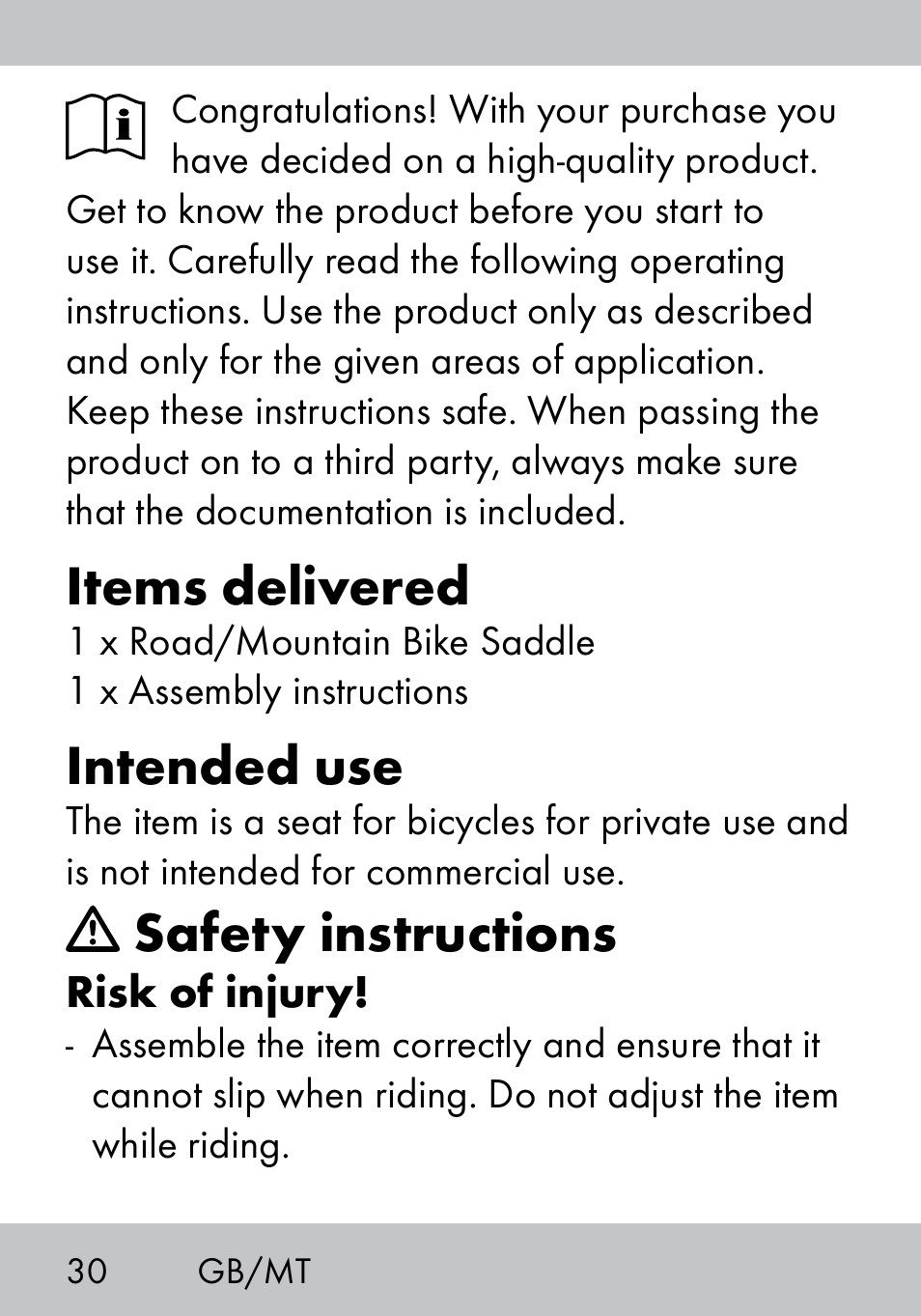 Items delivered, Intended use, Safety instructions | Crivit MS-1574 User Manual | Page 30 / 48