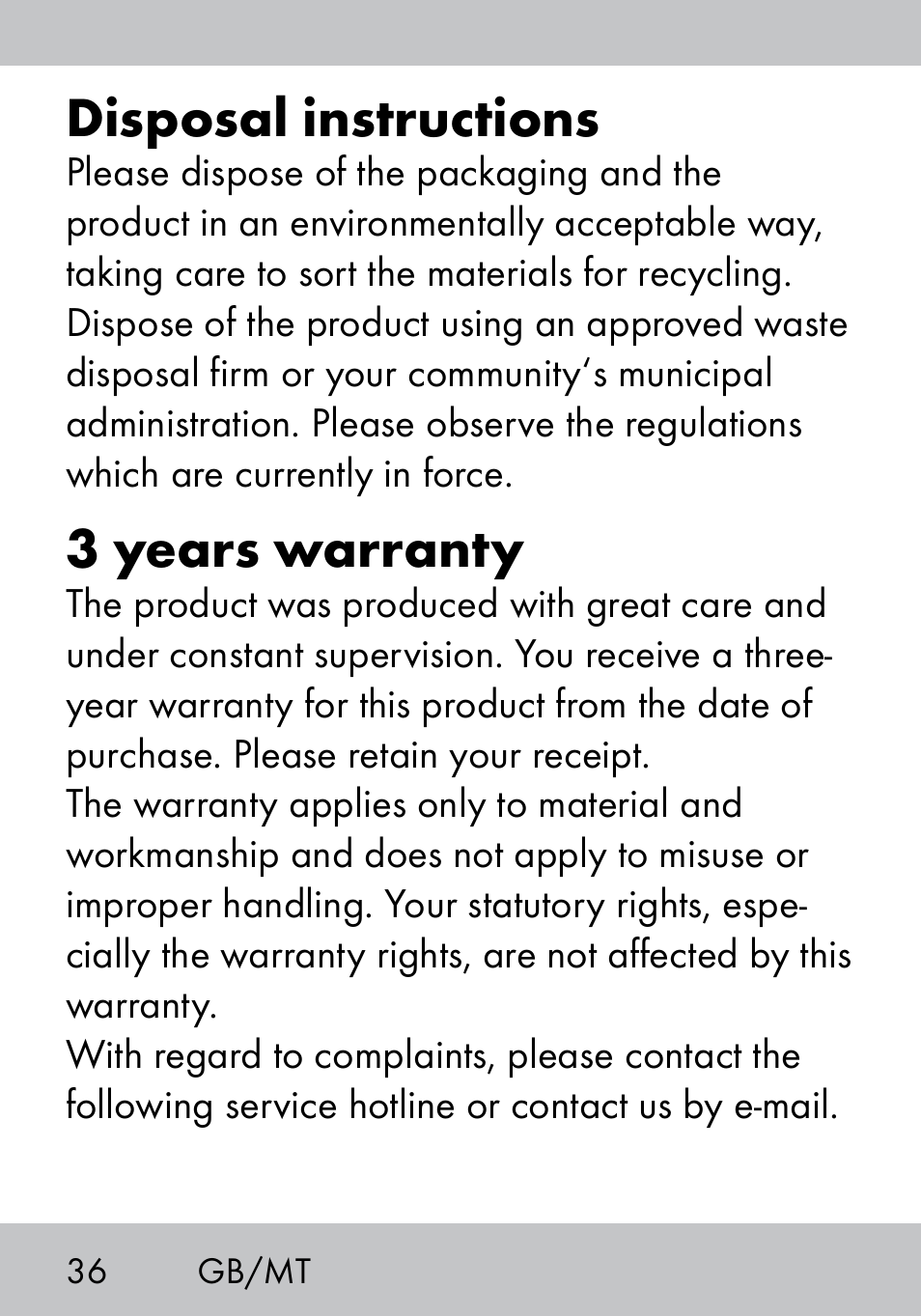 Disposal instructions, 3 years warranty | Crivit MS-1574 User Manual | Page 36 / 48