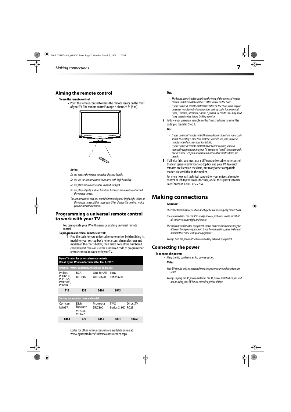 Aiming the remote control, Making connections, Connecting the power | Dynex DX-LDVD22-10A User Manual | Page 11 / 32