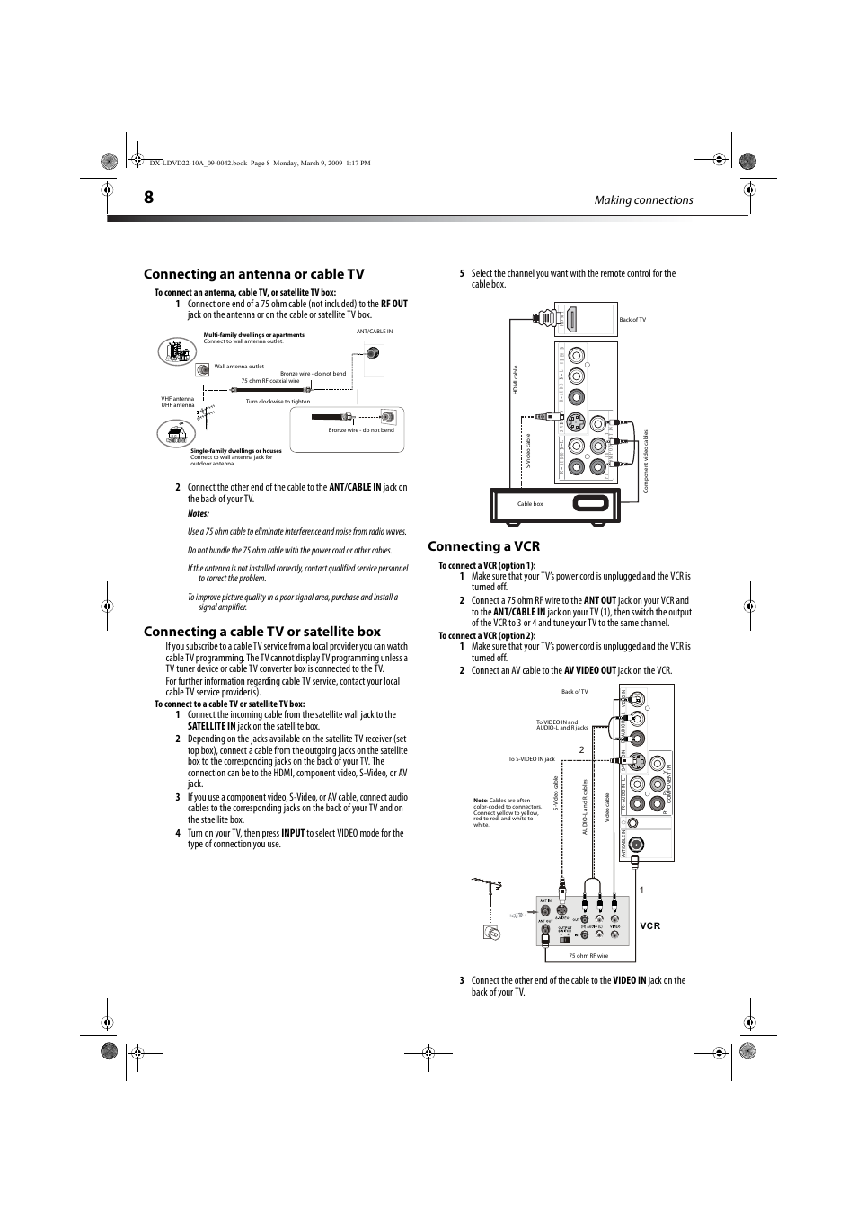 Connecting an antenna or cable tv, Connecting a vcr, Connecting an antenna or cable tv connecting a vcr | Connecting a cable tv or satellite box, Making connections | Dynex DX-LDVD22-10A User Manual | Page 12 / 32